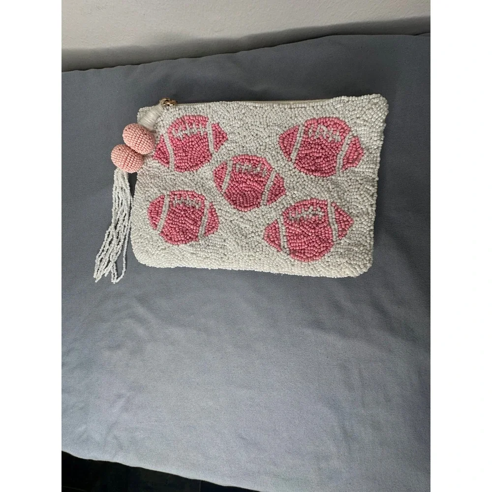 Pink Football Hand Beaded Clutch Bag White Game Day Tassel Zip Pouch
